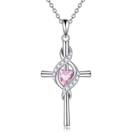 JERWLI Cross Necklace for Women 925 Sterling Silver Cross Birthstone Pendant Necklace Infinity Cross Religious Jewellery Gifts for Women, Sterling Silver