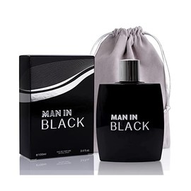 NovoGlow Man in Black for Men - Luxurious Aroma in Each 3.4 fl Oz Black Glass Bottle - Top Notes of Bergamot and Pineapple Formulated with Essential Oils - Fantastic Gift Choice - Grey Suede Pouch