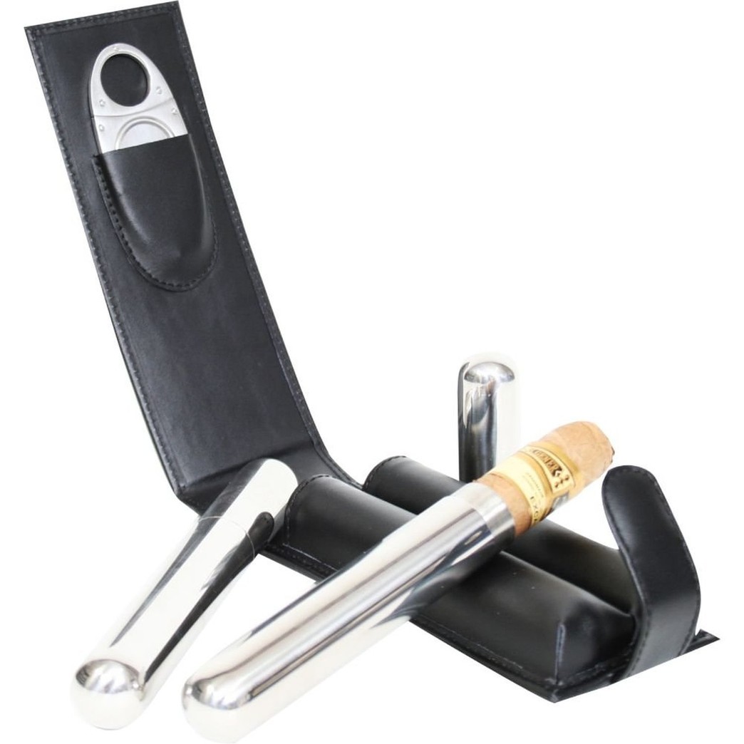 Genuine Leather Double Cigar Case with 2 Stainless Steel Cases and Cutter