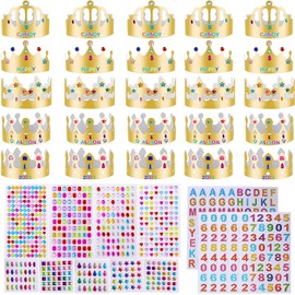 25 Pieces Paper Crowns Gold Paper Party Hats with 9 Sheets Rhinestone Stickers and 10 Sheets Number Letter Stickers, Goden Paper Party Crown Hats DIY Princess Prince Crown Set for Birthday Party