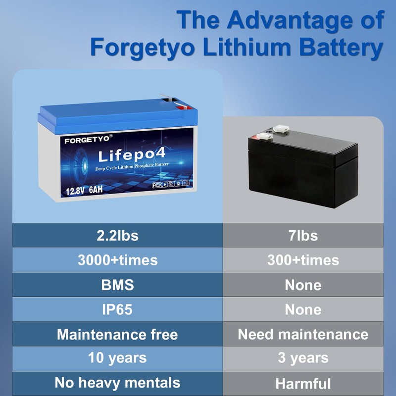 Forgetyo 12V 6Ah LiFePO4 Lithium Battery, 3000+ Cycles Lithium Battery,Safe