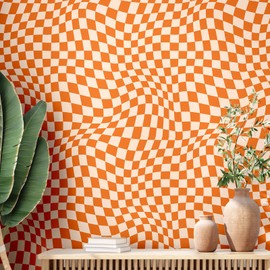 Dunzoom 15.75''x118'' Checkerboard Peel and Stick Wallpaper Aesthetic Checkered Wallpaper Removable Checkered Contact Paper Preppy Wallpaper Decorative Checkerboard Decor for Cabinets(Orange)