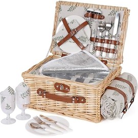 HappyPicnic Picnic Basket Set for 2 - Wicker Picnic Basket with Waterproof Blanket & Insulated Liner, Large Handmade Willow Hamper with Cutlery Kit for Outdoor, Picnic, Camping, Party, Holidays (Leaf)