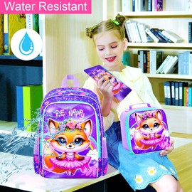 3PCS Fox Backpack for Girls, 16'' Kids Bookbag with Lunch Box, Cute Animal Water Resistant School Backpacks Set for Preschool Elementary Kindergarten Toddler