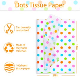 Whaline 100 Sheets Dot Tissue Paper Rainbow Colored Gift Wrapping Paper Art Craft Paper for DIY Crafts Birthday Baby Shower Party Decorations, 14 x 20 Inch