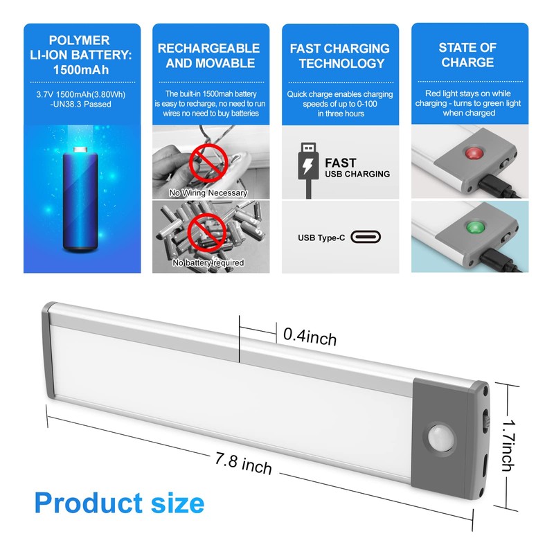 30-LED Under Cabinet Lights,USB Rechargeable Kitchen Cupboard Night Light,Battery Operated