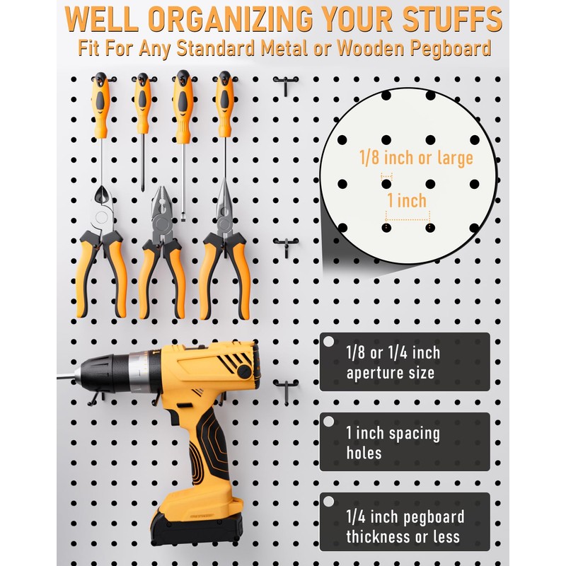 INCLY 120 Pack Black Pegboard Hooks, 4/6/8 Inch Peg Board