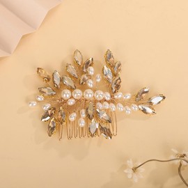 Teyglen Champagne Rhinestone Wedding Hair Comb Bridal Pearl Crystal Hair Comb Hair Accessories for Bride Headpiece Hair Piece for Women (Champagne)