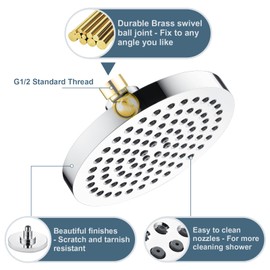 BRIGHT SHOWERS High Pressure Shower Head, 6 Inch Rain Shower Head, 2 Spray Settings Rainfall Shower Heads, Adjustable Angle Replacement Bathroom Showerhead, Easy Installation Polished Chrome