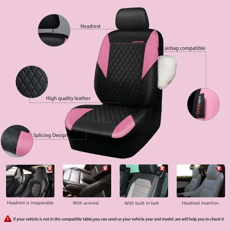 CAR PASS Pink Leather Seat Covers,Girly Quilting Pretty Cute Car