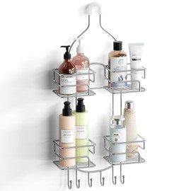 SRIWATANA Shower Caddy Organizer Hanging Over Head, Bathroom Shower Rack Hanger with Hooks for Razors - Chrome