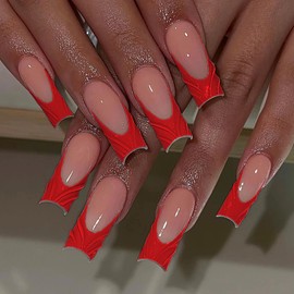 MISUD Press on Nails - Long Square Glue on Nails with Red French Tip, Acrylic Handmade 3D Gel Design 24 pcs