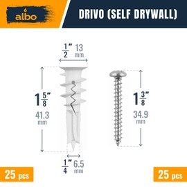 ALBO Self Drilling Drywall Anchor Set Hollow Wall with Screws 50 pcs. (White Anchor 25pcs + Screws 25pcs) Plastic Hollow Wall Anchors with Screws Drywall Anchors