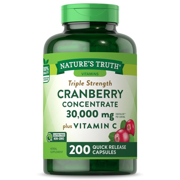 Nature's Truth Cranberry Concentrate Plus Vitamin C | 30,000mg | 200 Quick Release Capsules | Non-GMO & Gluten Free Supplement