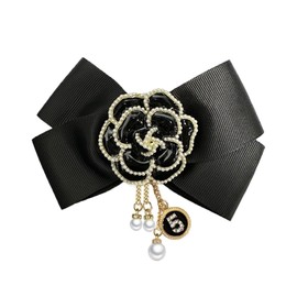 Camellia Flower Pre-Tied Big Bow Tassel Brooch Pin for Women Girls CZ Faux Pearl Lucky Number Five Chain Dangle Charm Fabric Pins Clip Lapel Elegant Jewelry Gifts for Sweater Dress Suit (Black)