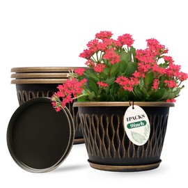 Usocik 4 Pack 9 Inch Retro Plant Pots, Vintage Striped Flower Pots with Drainage Hole & Saucer, Large Plastic Planters for Indoor and Outdoor Plants, Decorative Garden Pots(Gold)