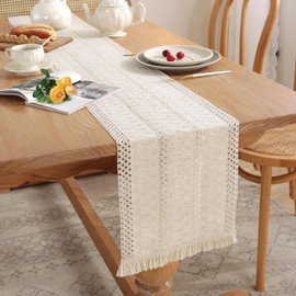 All White Table Runner Boho Table Runner with Tassels 180x30 cm Woven Cheesecloth Table Runner for Bohemian Style Decoration, Daily Home Dining Table Decoration, Wedding Parties (All white, 180X30 CM)