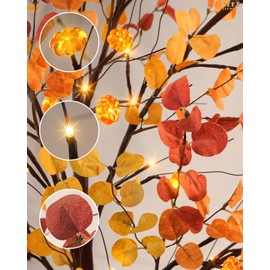 Uieke 4FT 48LED Lighted Fall Eucalyptus Tree Artificial Fall Tree with 12PCS Pumpkins & 8 Modes Thanksgiving Fall Decorations for Home Autumn Decor Indoor Outdoor