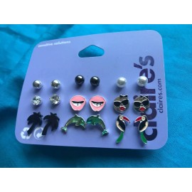 Claire’s Nine pairs of Claire’s pierced Earrings Parrots Dolphins Palm Trees Ball Stud