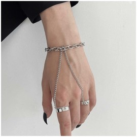 Cimenexe Punk Layered Finger Bracelet Thick Slave Bracelet Half Open Ring Hand Chain Bracelet Silver Ring Wrist Bracelet Beach Paper Clip Hand Chain Bracelet Jewellery for Women and Girls Gifts