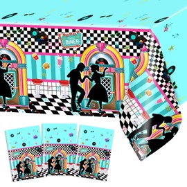 Avezano 3 pcs 50s Tablecloth 1950s Party Decorations Rock Roll Table Cover Large Plastic Tablecloth Back to 50s Birthday Rocking Party Supplies for Music Anniversary Party, 108x54 Inch