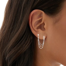 COARVXA 925 Sterling Silver Four Zircons Flower Stud Double Piercing Chain Earrings | Double Piercing Dangle Three Chains Hoop Earrings | Double Piercing Earrings Gifts Jewelry for Women