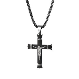 JewelryWe Religious Jesus Christ Cross Pendant Necklace Stainless Steel Christian Jewellery with Wheat Chain 22Inch,Black
