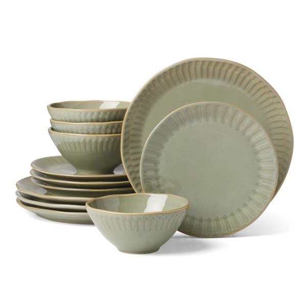 Unbranded 12-Piece Artisanal Green Stripe Stoneware Tableware Set Service for