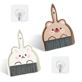 FDGGT 2 Sets Dustpan Broom and 2 Pieces Transparent Hooks, Creative Cartoon Cleaning Tools, Mini Cleaning Brush, Desktop Cleaning Brush