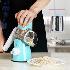 Kitchen Vibe Rotary Cheese Grater, Kitchen Manual Round Grinder Cheese Shredder With Handle, Vegetable Fruit Slicer, Easy to Clean 3 Sharp Replaceable Drum Blades Including Free Cleaning Brush, Blue