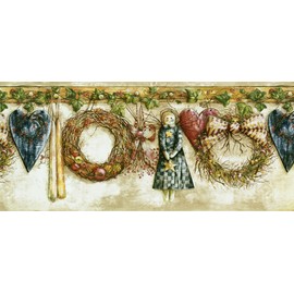 Concord Wallcoverings Wallpaper Border Vintage Pattern Dolls Wreaths Hearts Ivy for Kid's Bedroom Cottage Playroom, Beige Blue Green Red, 15 Feet by 7 Inches HS3012B