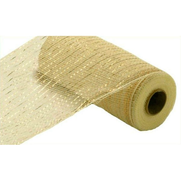 10 inch x 30 feet Deco Poly Mesh Ribbon - Cream with Gold Foil