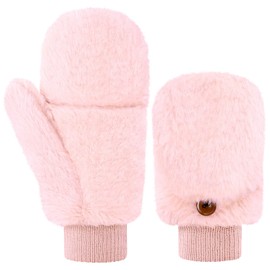 Women Mittens Winter Fur Gloves Flip Cover Gloves with Faux Fur Convertible Warm Flip Top Mitten Soft Fingerless Fur Mittens (Pink)