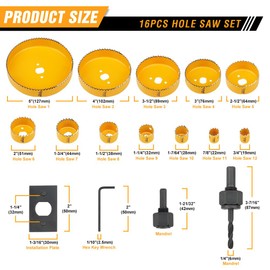 Hoteche 16Pcs Hole Saw Set with 12 Hole Saws (3/4" to 5") - Complete Kit for Woodworking, Metalworking, Plumbing, and More