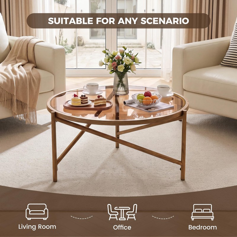 Round Coffee Table, 31.5" Glass Top Center Table Metal Frame,
