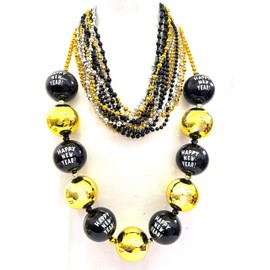 YSPPF 31 Pcs Happy New Year Beads Necklaces Black Gold Silver Jumbo Ball Beads Necklaces Happy New Year's Eve Party Decorations