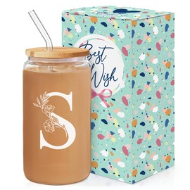 SANDJEST Monogrammed Gifts for Women - Monogram S Initial Glass Cup 16 Oz Can Coffee Cups with Lid and Straw - Monogram Initials Gifts for Womens on Birthday