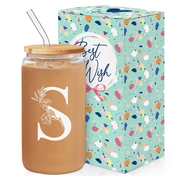 SANDJEST Monogrammed Gifts for Women - Monogram S Initial Glass