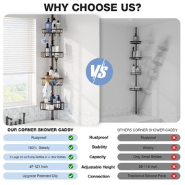 Corner Shower Caddy Tension Pole: Stainless Steel Rustproof 4-Tier Shower Organizer - 47-121 inch Adjustable Bathroom Shelves for Bathtub Shampoo Storage - Tension Rod Floor Standing Bath Rack -Bronze
