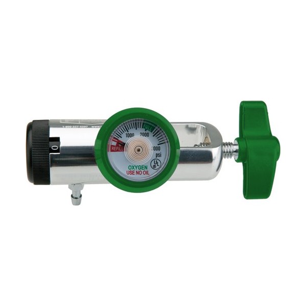 Oxygen Regulator - Mini CGA870, 0-15 LPM, Barb Outlet with Green Color Coded Gauge Protector and tee Handle