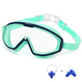 CJAYKMO Children's Swim Goggles, Large Frame Swim Glasses Wide View Anti-Fog & Waterproof for Boys and Girls-Light Green