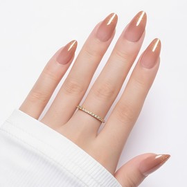 MJartbox Press On Nails Almond-Short Fake Nails with French Tips, Reusable Nail Kit Glazed Finish for Weddings, 15 Sizes - 30 Nail Kit with Glue, Women Girl Gift, Champagne Gold Flecks