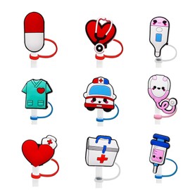 9PCS Nurse Drinking Straw Covers Caps, Medical Reusable Portable Drinking Straw Tips Lids, Straw Toppers for Tumblers, Dust Proof Plugs Protector