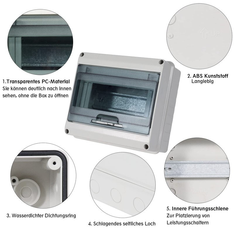 Surface-Mounted Distribution Box, 1 Row, 5 Modules, IP65 Fuse Box,