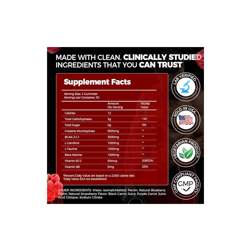 Creatine Gummies Monohydrate Complex, Pre-Workout for Men & Women, Creatine