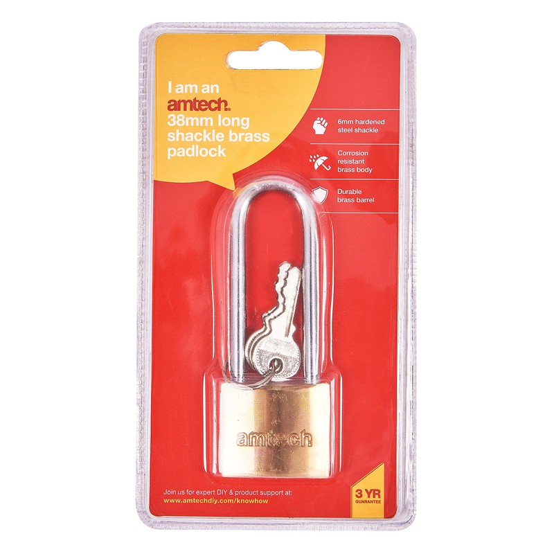 Amtech T1500C 38mm Solid Brass Long Shackle Padlock, Small Padlock