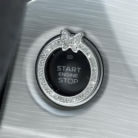 Sandfren Bling Car Engine Start Ring Sticker, Rhinestone Butterfly Vehicle Push Start Button Decal, Diamond Key Ignition Knob Emblem Decoration, Universal Automotive Interior Accessories (White)