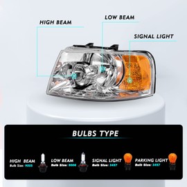 TUSDAR Headlights Assembly Set for 2003 2004 2005 2006 Ford Expedition (Chrome Housing with Amber Reflector)