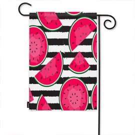 Moslion Garden Flag Watermelon Summer Fresh Fruits Black White Stripes Graphic Style Nature Summer Seasonal Garden Flag Outdoor Decorative Double-Sided Cotton Linen 12x18 Inch