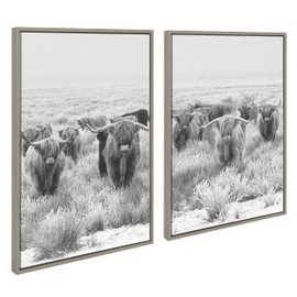 Kate and Laurel Sylvie Herd of Highland Cows Framed Canvas Wall Art Set by The Creative Bunch Studio, Set of 2, 23x33 Gray, Decorative Farmhouse Animal Art for Wall